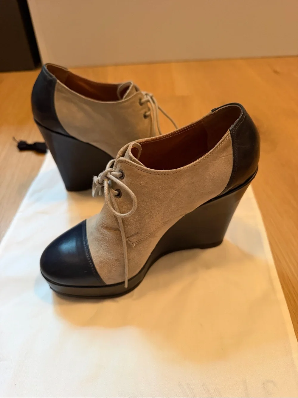 Barneys New York Grey Suede and Navy Blue Leather Cap-Toe Platform Oxfords